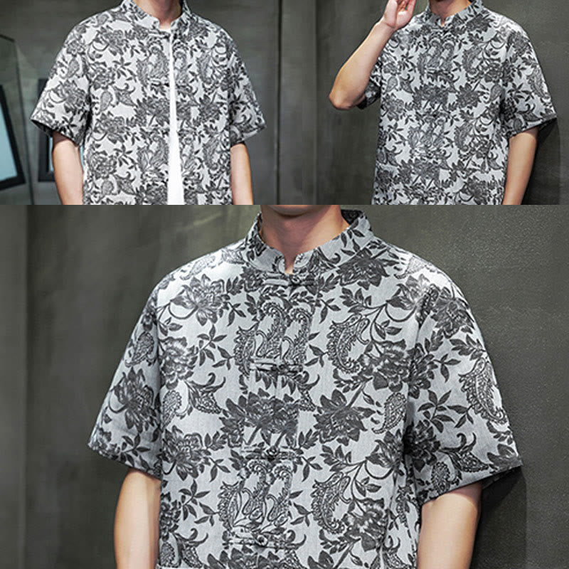 Camisa de algodón para hombre, estilo cárdigan informal con estampado de flores y plantas de cachemira y jacquard con botones de rana y bolsillos.