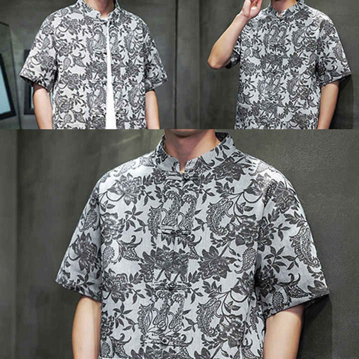 Camisa de algodón para hombre, estilo cárdigan informal con estampado de flores y plantas de cachemira y jacquard con botones de rana y bolsillos.