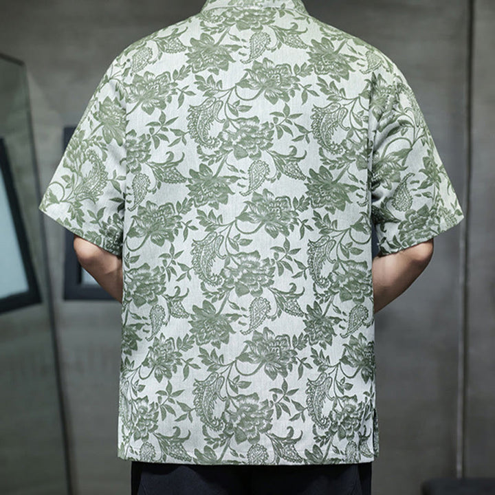 Camisa de algodón para hombre, estilo cárdigan informal con estampado de flores y plantas de cachemira y jacquard con botones de rana y bolsillos.