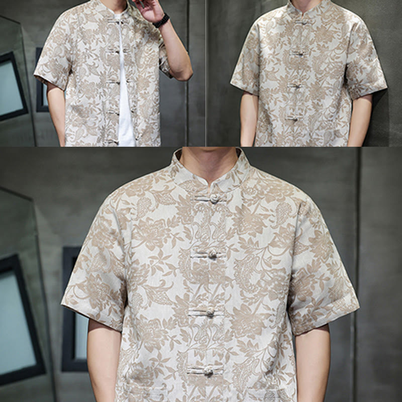 Camisa de algodón para hombre, estilo cárdigan informal con estampado de flores y plantas de cachemira y jacquard con botones de rana y bolsillos.
