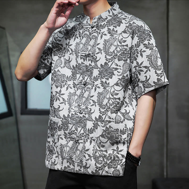 Camisa de algodón para hombre, estilo cárdigan informal con estampado de flores y plantas de cachemira y jacquard con botones de rana y bolsillos.
