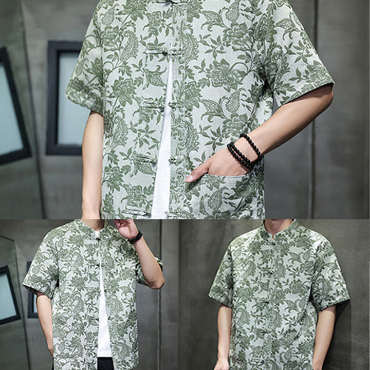 Camisa de algodón para hombre, estilo cárdigan informal con estampado de flores y plantas de cachemira y jacquard con botones de rana y bolsillos.