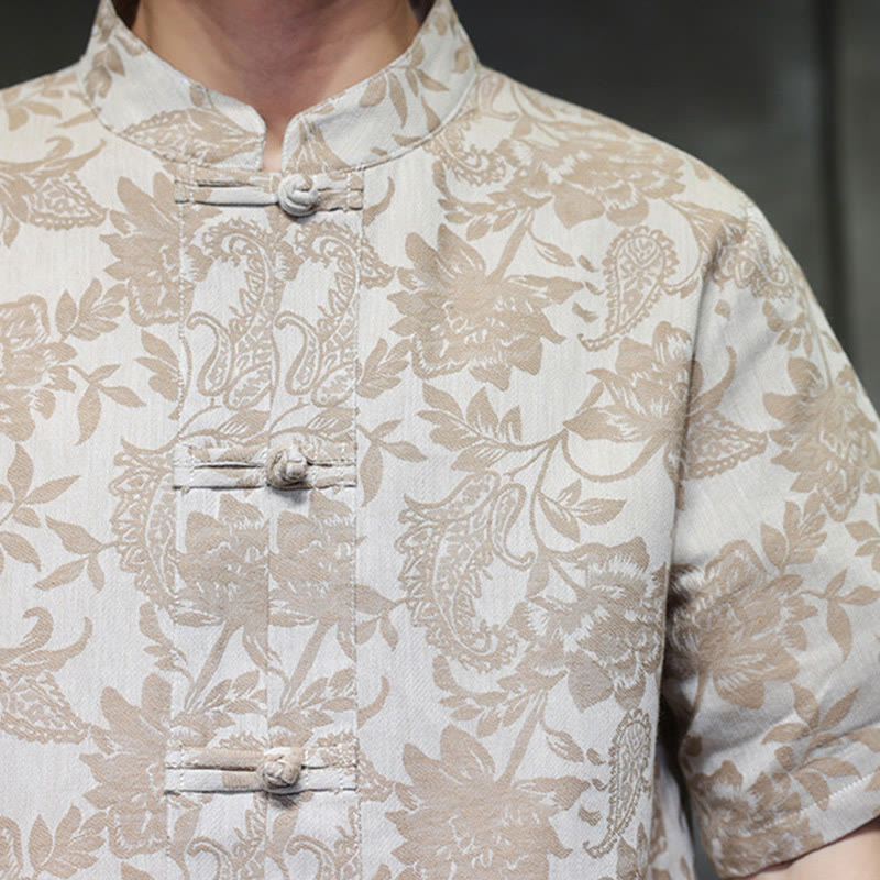 Camisa de algodón para hombre, estilo cárdigan informal con estampado de flores y plantas de cachemira y jacquard con botones de rana y bolsillos.