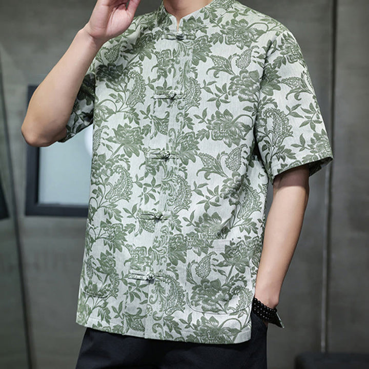 Camisa de algodón para hombre, estilo cárdigan informal con estampado de flores y plantas de cachemira y jacquard con botones de rana y bolsillos.