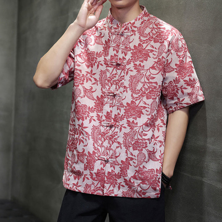 Camisa de algodón para hombre, estilo cárdigan informal con estampado de flores y plantas de cachemira y jacquard con botones de rana y bolsillos.