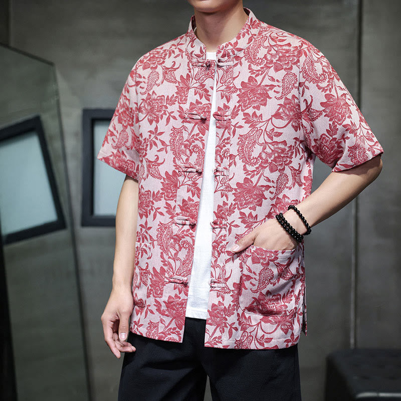 Camisa de algodón para hombre, estilo cárdigan informal con estampado de flores y plantas de cachemira y jacquard con botones de rana y bolsillos.