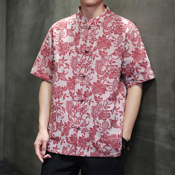 Camisa de algodón para hombre, estilo cárdigan informal con estampado de flores y plantas de cachemira y jacquard con botones de rana y bolsillos.