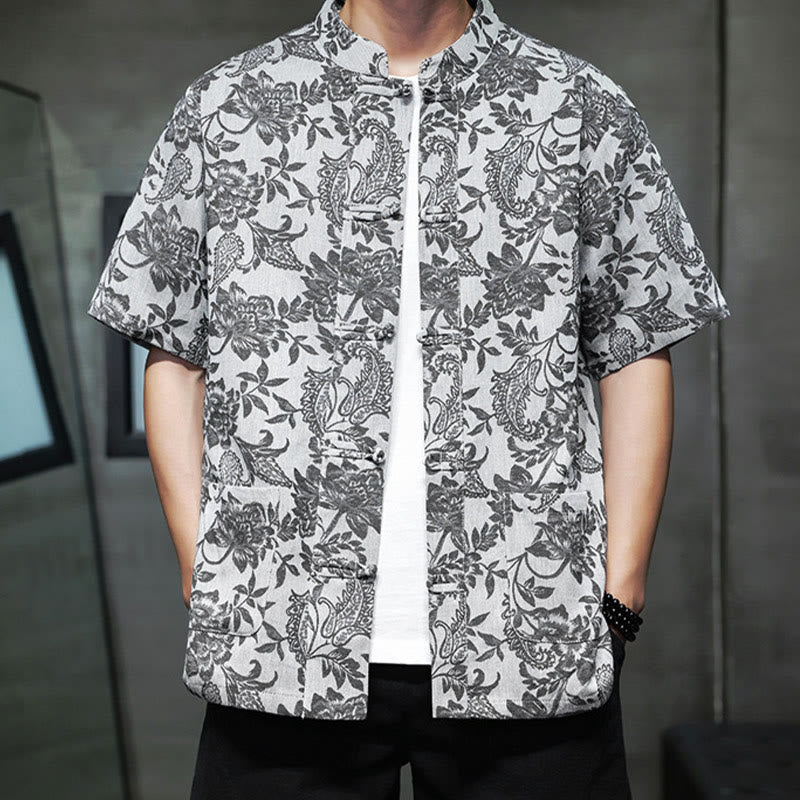 Camisa de algodón para hombre, estilo cárdigan informal con estampado de flores y plantas de cachemira y jacquard con botones de rana y bolsillos.