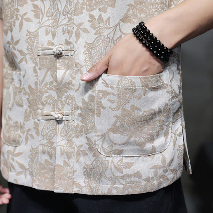 Camisa de algodón para hombre, estilo cárdigan informal con estampado de flores y plantas de cachemira y jacquard con botones de rana y bolsillos.