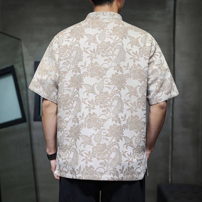 Camisa de algodón para hombre, estilo cárdigan informal con estampado de flores y plantas de cachemira y jacquard con botones de rana y bolsillos.