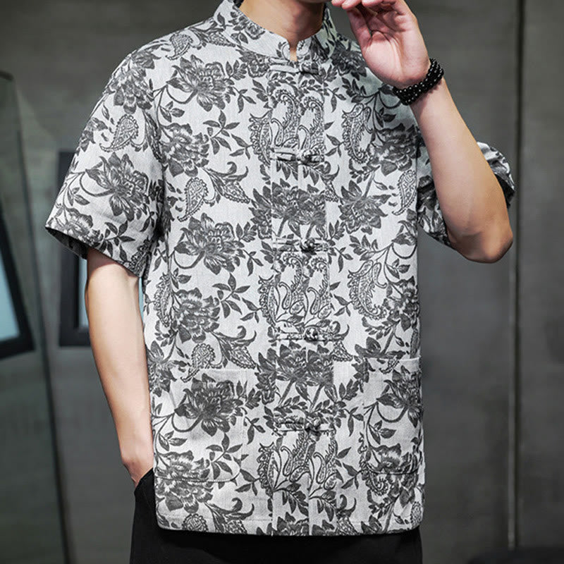 Camisa de algodón para hombre, estilo cárdigan informal con estampado de flores y plantas de cachemira y jacquard con botones de rana y bolsillos.