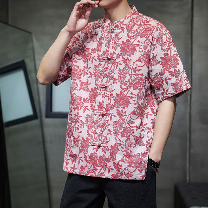 Camisa de algodón para hombre, estilo cárdigan informal con estampado de flores y plantas de cachemira y jacquard con botones de rana y bolsillos.