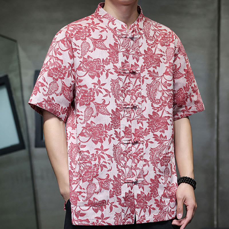 Camisa de algodón para hombre, estilo cárdigan informal con estampado de flores y plantas de cachemira y jacquard con botones de rana y bolsillos.