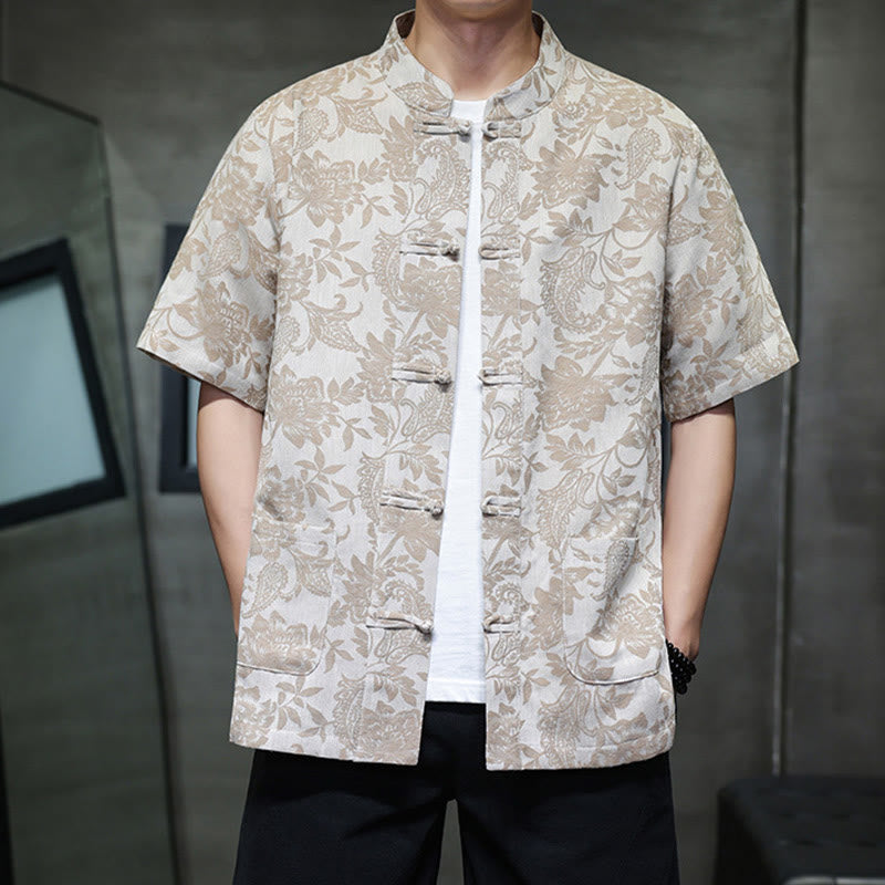 Camisa de algodón para hombre, estilo cárdigan informal con estampado de flores y plantas de cachemira y jacquard con botones de rana y bolsillos.