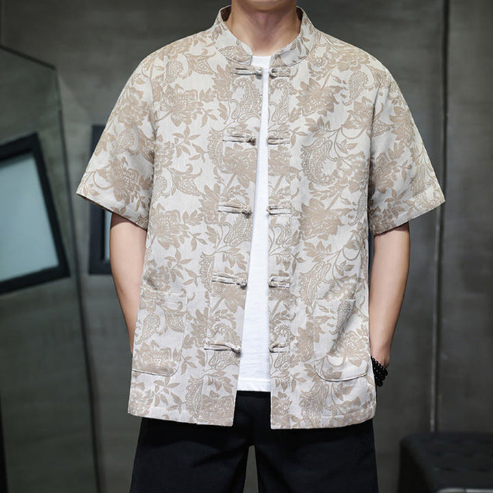 Camisa de algodón para hombre, estilo cárdigan informal con estampado de flores y plantas de cachemira y jacquard con botones de rana y bolsillos.