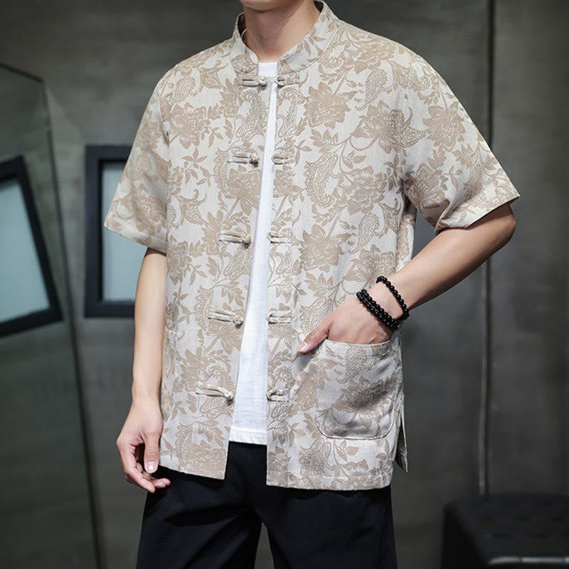 Camisa de algodón para hombre, estilo cárdigan informal con estampado de flores y plantas de cachemira y jacquard con botones de rana y bolsillos.