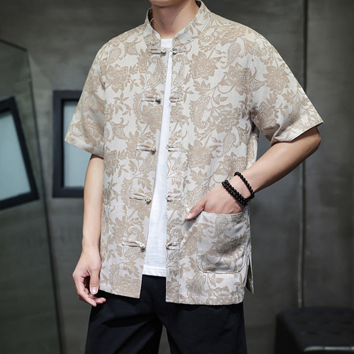 Camisa de algodón para hombre, estilo cárdigan informal con estampado de flores y plantas de cachemira y jacquard con botones de rana y bolsillos.