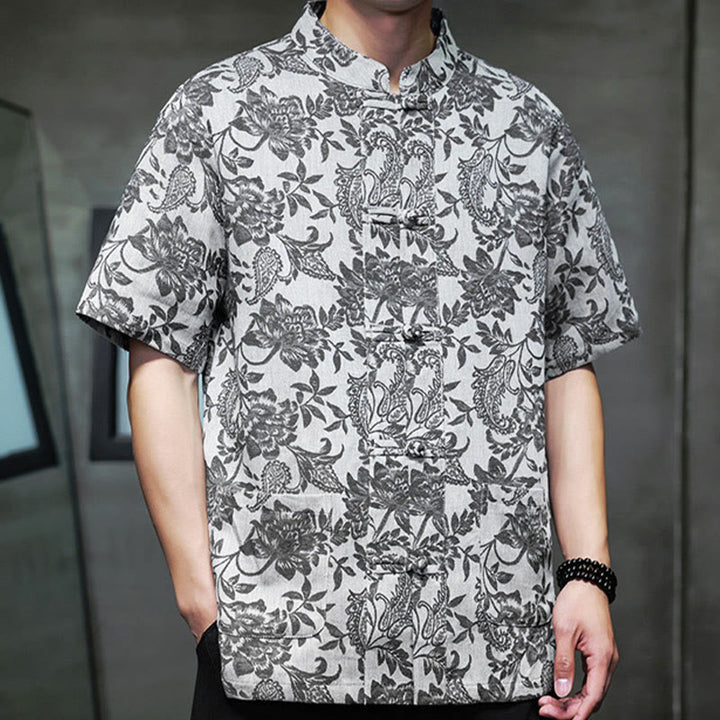 Camisa de algodón para hombre, estilo cárdigan informal con estampado de flores y plantas de cachemira y jacquard con botones de rana y bolsillos.