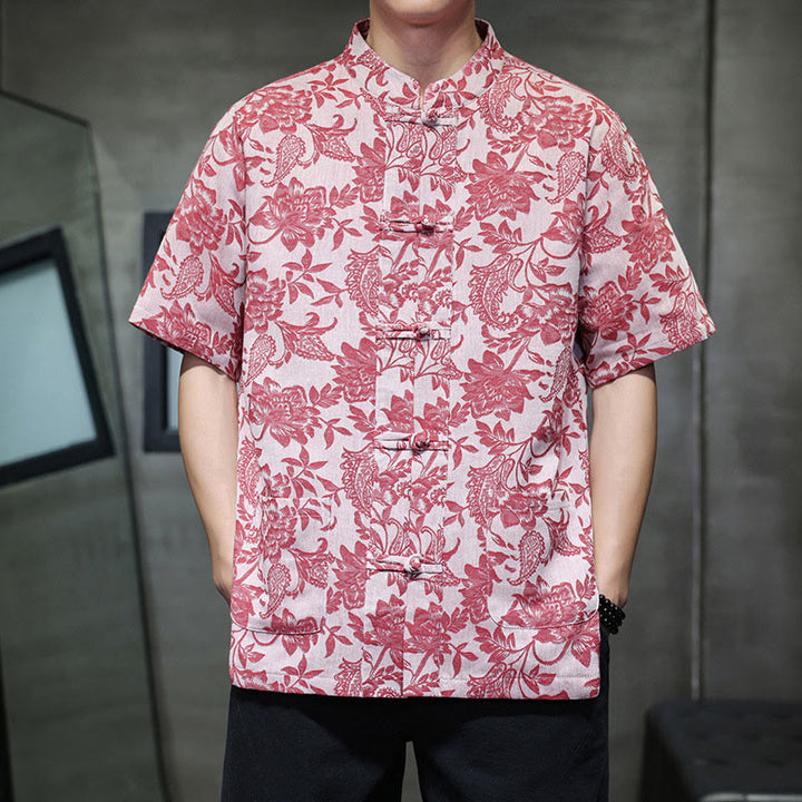 Camisa de algodón para hombre, estilo cárdigan informal con estampado de flores y plantas de cachemira y jacquard con botones de rana y bolsillos.