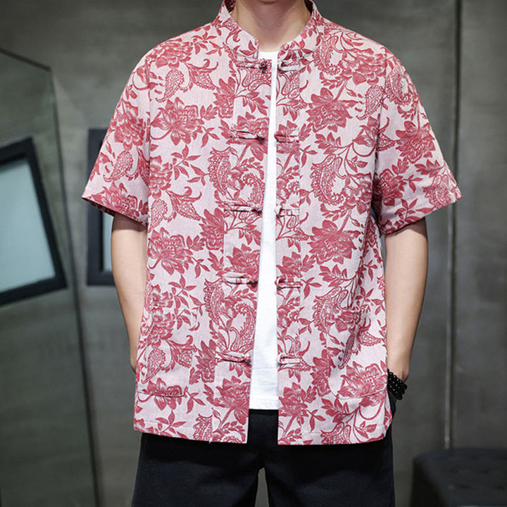 Camisa de algodón para hombre, estilo cárdigan informal con estampado de flores y plantas de cachemira y jacquard con botones de rana y bolsillos.