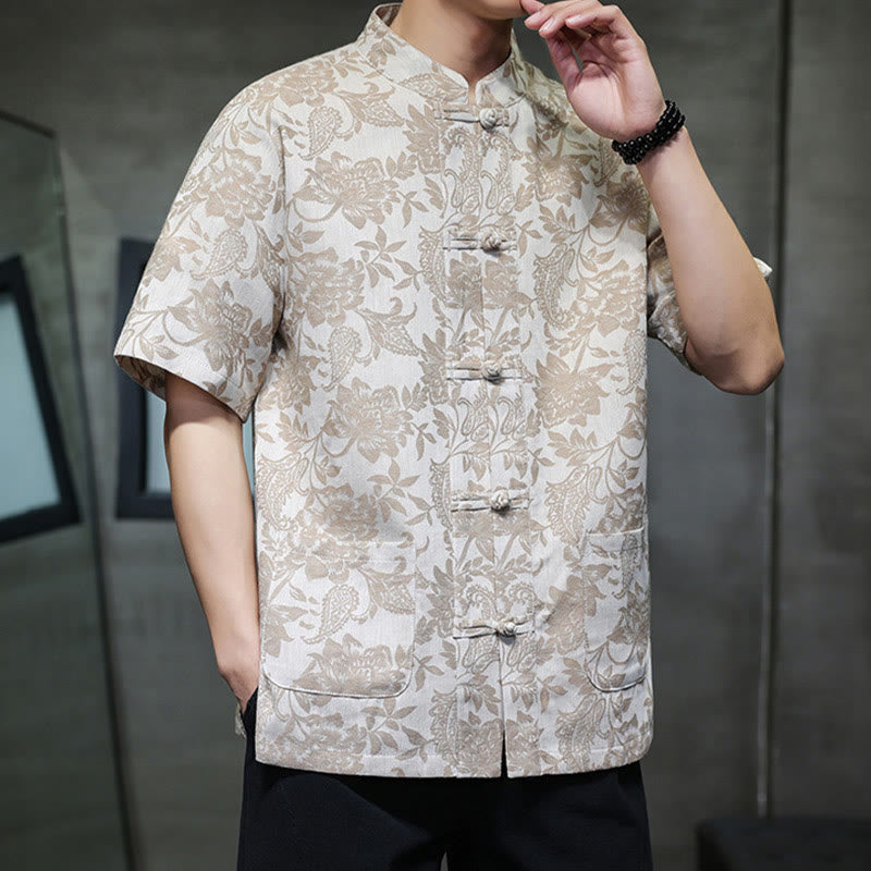 Camisa de algodón para hombre, estilo cárdigan informal con estampado de flores y plantas de cachemira y jacquard con botones de rana y bolsillos.