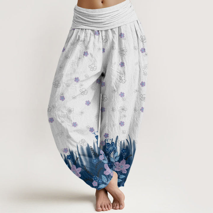 Pantalones harén con cintura elástica para mujer, con estampado floral, hojas y hierba, estilo casual, de Buddha Stones - Azul acero - US22，UK/AU26，EU54 (6XL) - image 5
