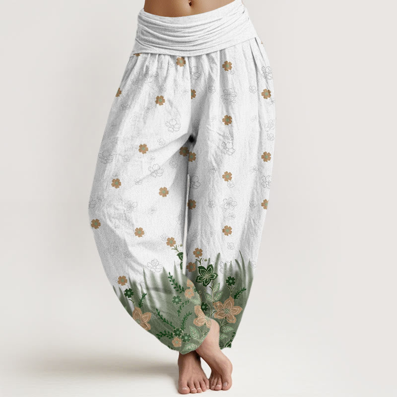 Pantalones harén con cintura elástica para mujer, con estampado floral, hojas y hierba, estilo casual, de Buddha Stones - Verde oliva - US22，UK/AU26，EU54 (6XL) - image 8
