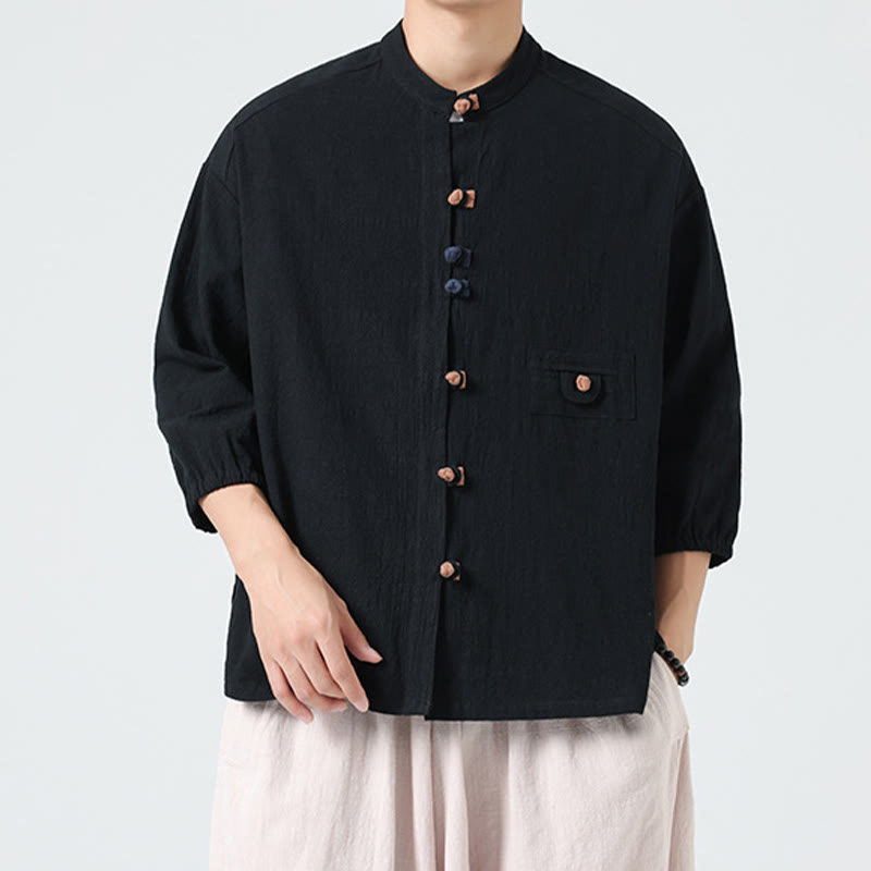 Camisa de algodón con cuello alto y manga tres cuartos para hombre, estilo cárdigan de verano con botones de rana y bolsillo, de Buddha Stones