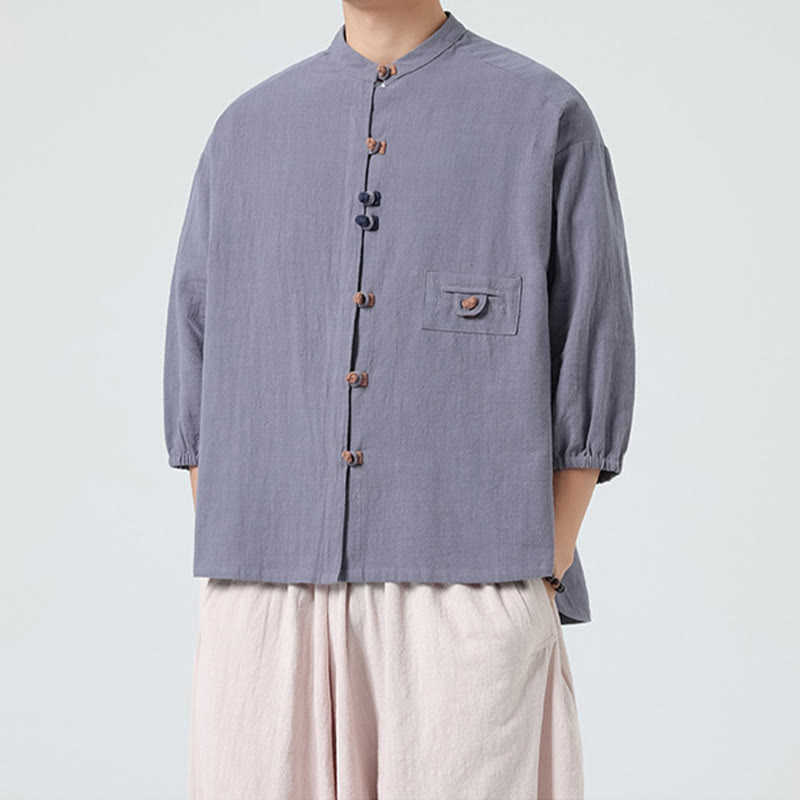 Camisa de algodón de manga tres cuartos para hombre con cuello alto y botones delanteros tipo rana, marca Buddha Stones Summer. - image 20