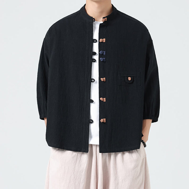 Camisa de algodón con cuello alto y manga tres cuartos para hombre, estilo cárdigan de verano con botones de rana y bolsillo, de Buddha Stones