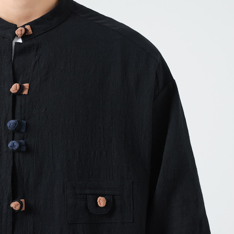 Camisa de algodón con cuello alto y manga tres cuartos para hombre, estilo cárdigan de verano con botones de rana y bolsillo, de Buddha Stones