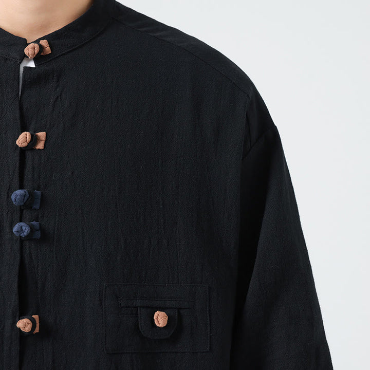 Camisa de algodón con cuello alto y manga tres cuartos para hombre, estilo cárdigan de verano con botones de rana y bolsillo, de Buddha Stones