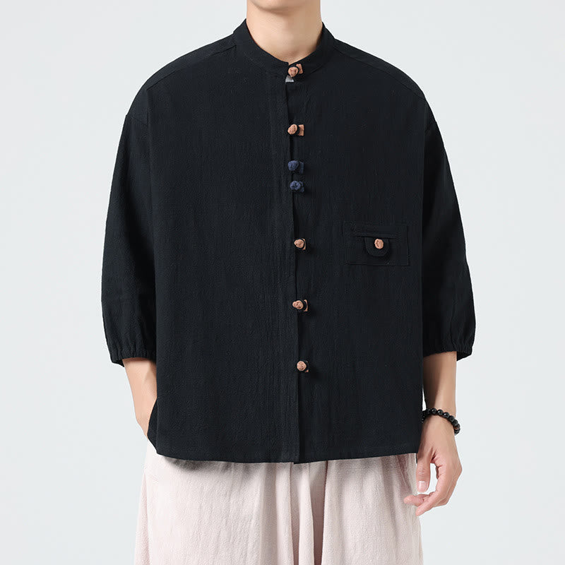Camisa de algodón con cuello alto y manga tres cuartos para hombre, estilo cárdigan de verano con botones de rana y bolsillo, de Buddha Stones