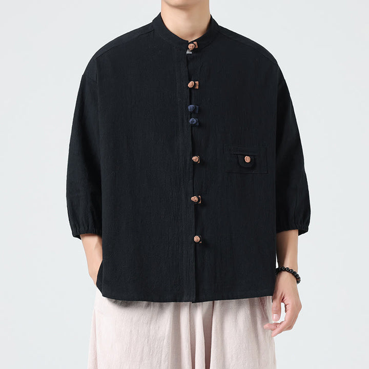 Camisa de algodón con cuello alto y manga tres cuartos para hombre, estilo cárdigan de verano con botones de rana y bolsillo, de Buddha Stones