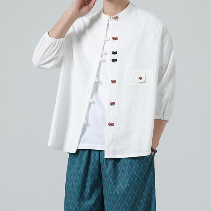 Camisa de algodón de manga tres cuartos para hombre con cuello alto y botones delanteros tipo rana, marca Buddha Stones Summer. - Blanco - US/UK/AU46, EU56 (5XL) - image 0