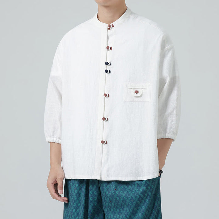Camisa de algodón con cuello alto y manga tres cuartos para hombre, estilo cárdigan de verano con botones de rana y bolsillo, de Buddha Stones