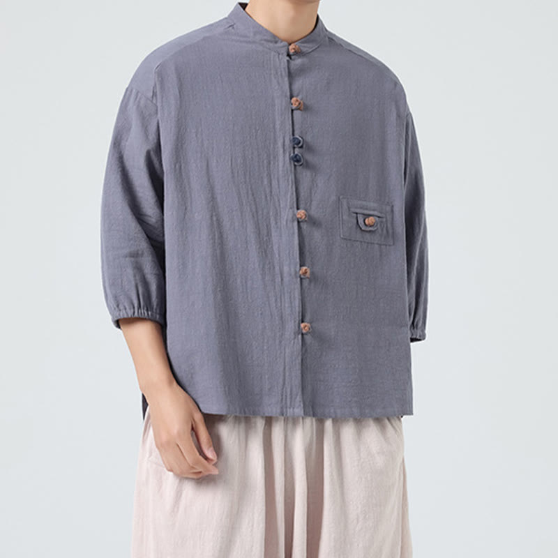Camisa de algodón de manga tres cuartos para hombre con cuello alto y botones delanteros tipo rana, marca Buddha Stones Summer. - Gris pizarra claro - US/UK/AU46, EU56 (5XL) - image 19