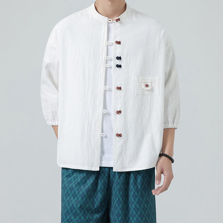 Camisa de algodón de manga tres cuartos para hombre con cuello alto y botones delanteros tipo rana, marca Buddha Stones Summer. - image 2