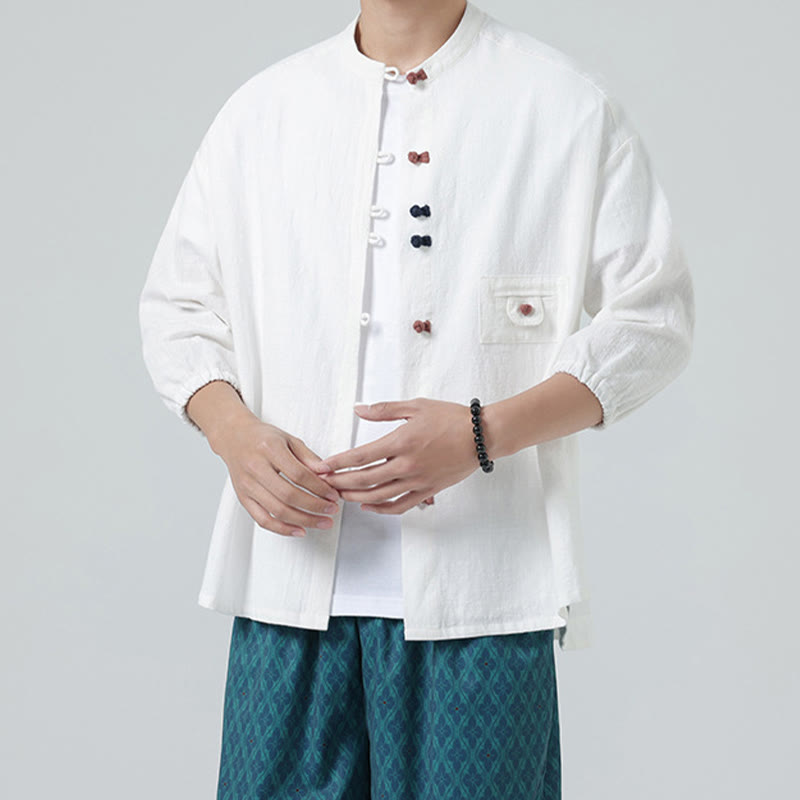 Camisa de algodón con cuello alto y manga tres cuartos para hombre, estilo cárdigan de verano con botones de rana y bolsillo, de Buddha Stones