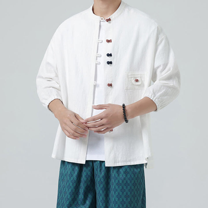 Camisa de algodón con cuello alto y manga tres cuartos para hombre, estilo cárdigan de verano con botones de rana y bolsillo, de Buddha Stones