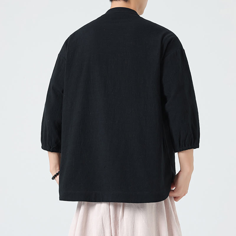 Camisa de algodón de manga tres cuartos para hombre con cuello alto y botones delanteros tipo rana, marca Buddha Stones Summer. - image 15