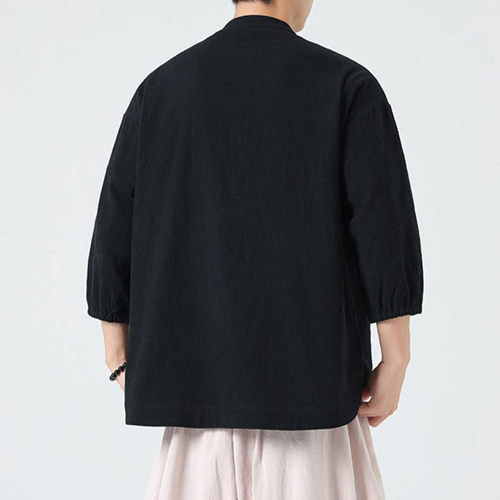 Camisa de algodón de manga tres cuartos para hombre con cuello alto y botones delanteros tipo rana, marca Buddha Stones Summer. - image 15
