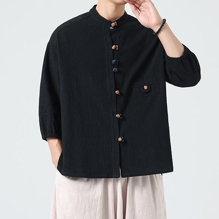 Camisa de algodón de manga tres cuartos para hombre con cuello alto y botones delanteros tipo rana, marca Buddha Stones Summer. - image 16