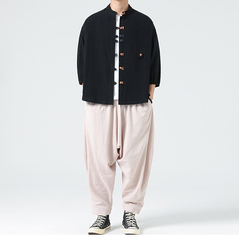 Camisa de algodón con cuello alto y manga tres cuartos para hombre, estilo cárdigan de verano con botones de rana y bolsillo, de Buddha Stones