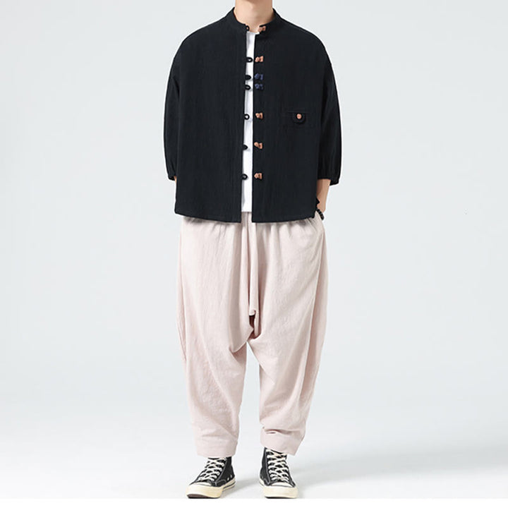 Camisa de algodón con cuello alto y manga tres cuartos para hombre, estilo cárdigan de verano con botones de rana y bolsillo, de Buddha Stones