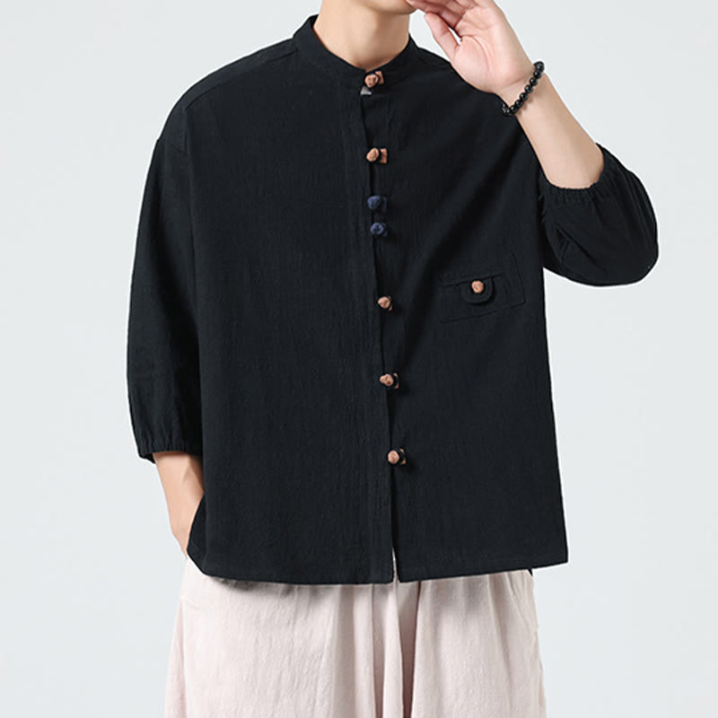 Camisa de algodón con cuello alto y manga tres cuartos para hombre, estilo cárdigan de verano con botones de rana y bolsillo, de Buddha Stones