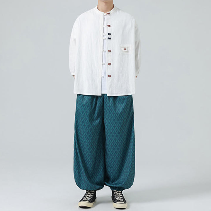 Camisa de algodón con cuello alto y manga tres cuartos para hombre, estilo cárdigan de verano con botones de rana y bolsillo, de Buddha Stones