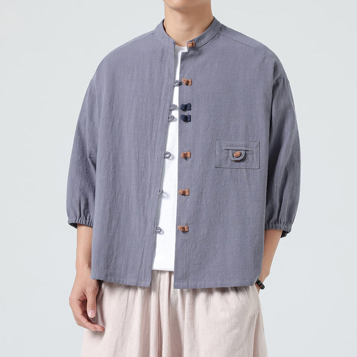 Camisa de algodón con cuello alto y manga tres cuartos para hombre, estilo cárdigan de verano con botones de rana y bolsillo, de Buddha Stones