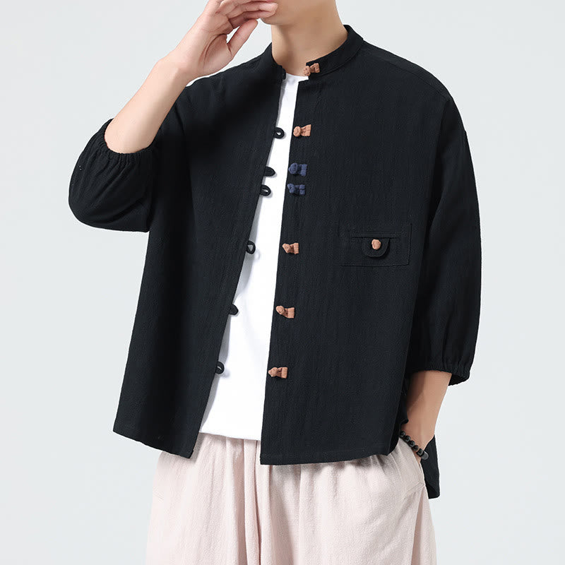 Camisa de algodón con cuello alto y manga tres cuartos para hombre, estilo cárdigan de verano con botones de rana y bolsillo, de Buddha Stones
