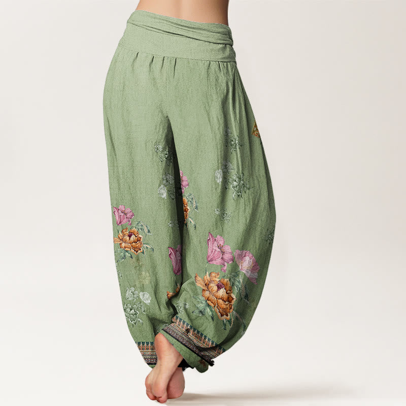 Pantalones harén de cintura elástica para mujer con estampado de pétalos de peonía y piedras de Buddha Stones - image 2